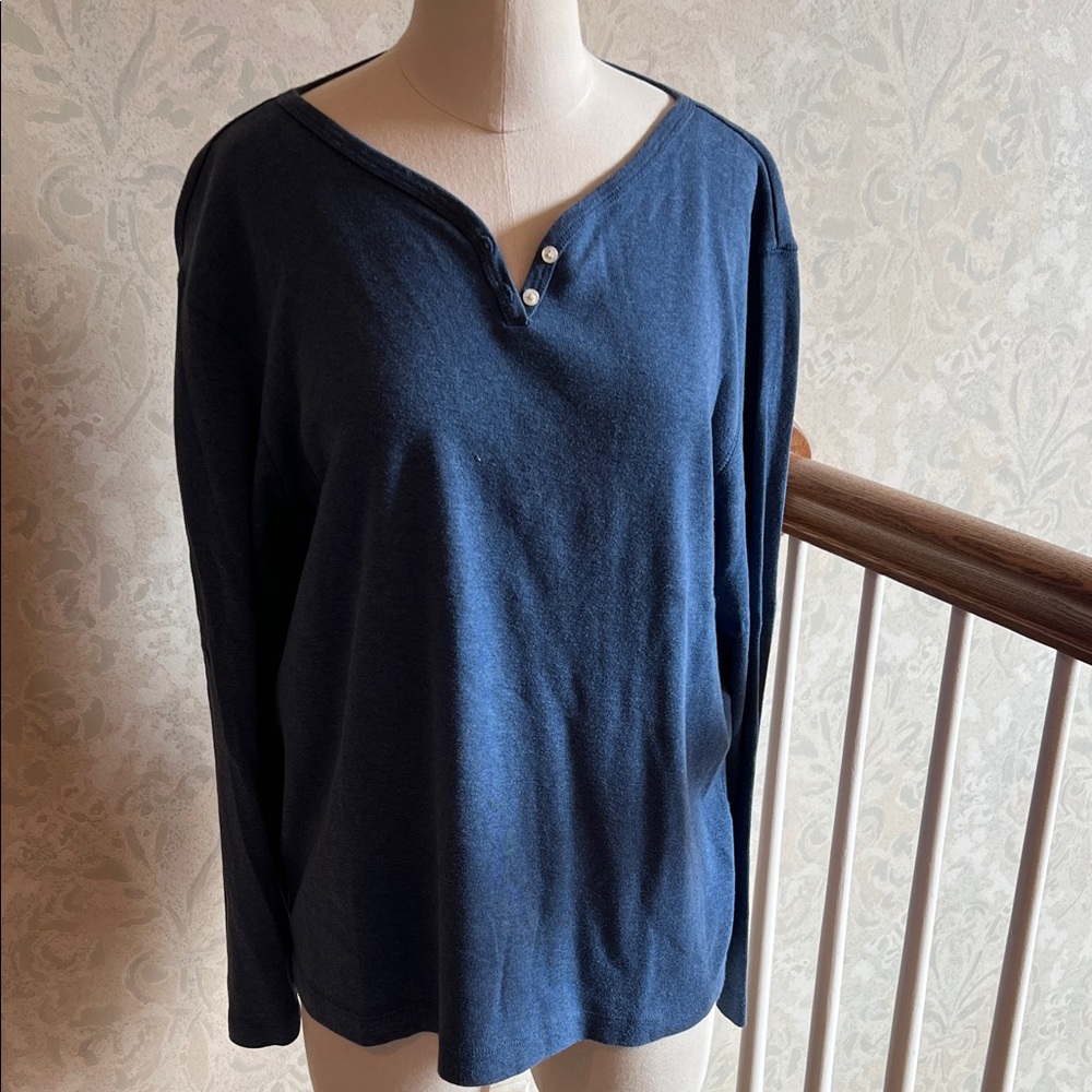 Liz Wear Jeans Navy Blue Long Sleeve Henley Shirt - Vintage